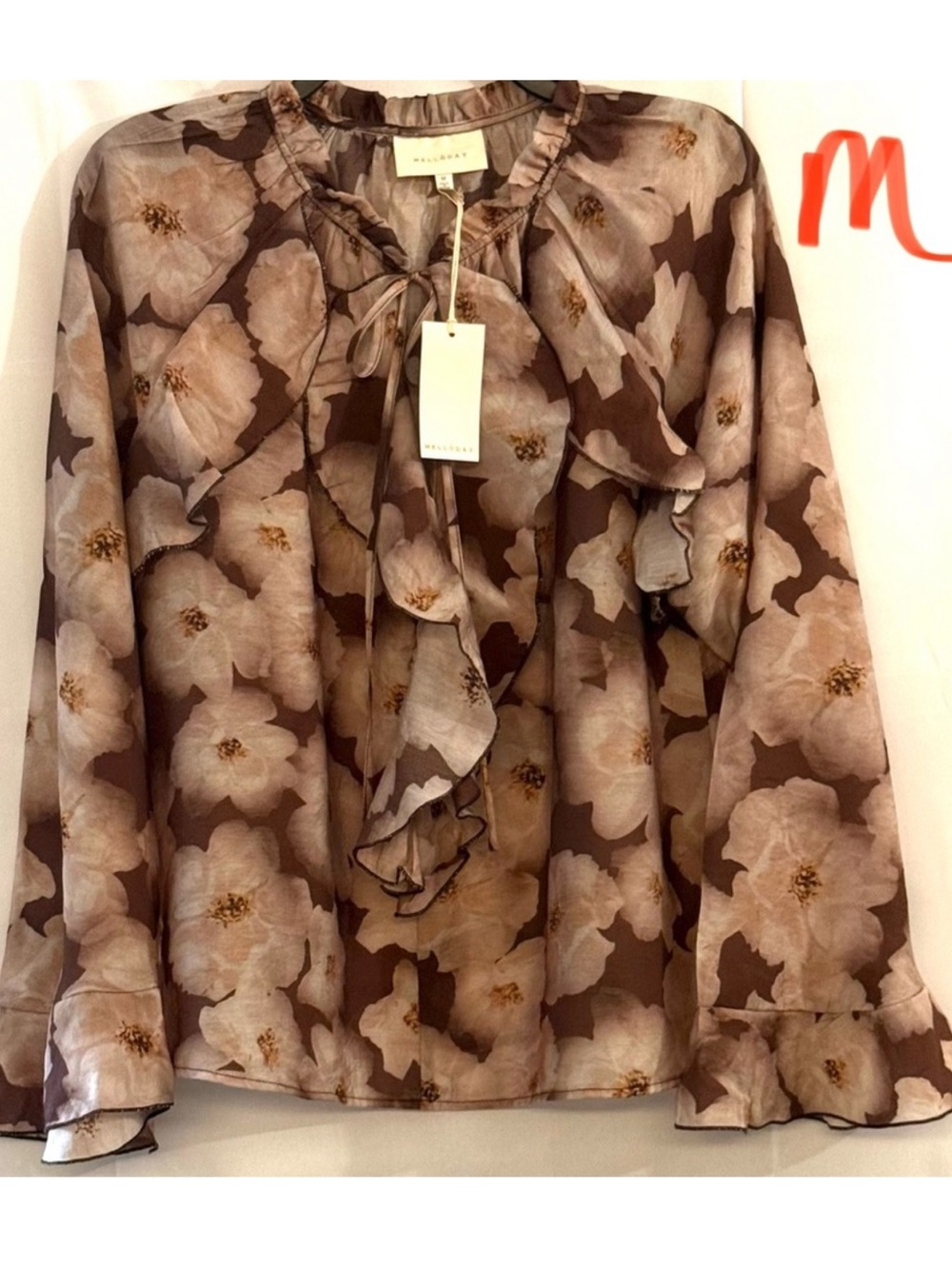 MELLODAY Brown Floral Ruffle Tie-Neck Blouse